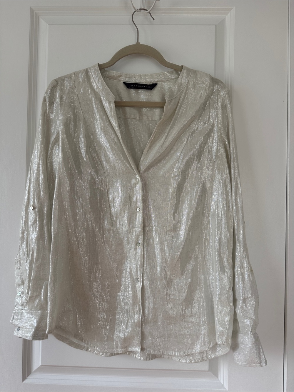 Zara Metallic Cream Button-Down Shirt